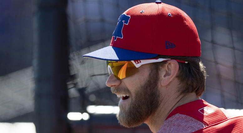 Philadelphia Phillies outfielder Bryce Harper (3) looks on during batting practice before a game between the Phillies and the New York Yankees at Spectrum Field. Philadelphia Phillies outfielder Bryce Harper (3) looks on during batting practice before a game between the Phillies and the New York Yankees at Spectrum Field.