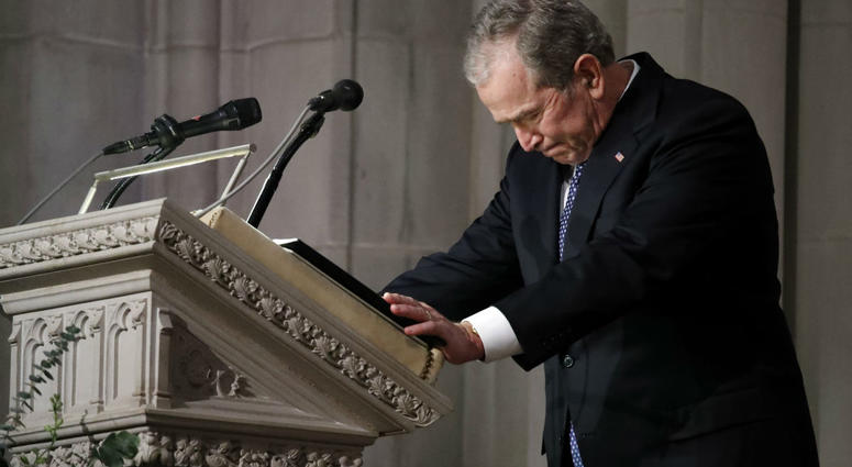 Former President George W. Bush speaks at the State Funeral for his father, former President George H.W. Bush, at the National Cathedral, December 5, 2018 in Washington, DC. Former President George W. Bush speaks at the State Funeral for his father, former President George H.W. Bush, at the National Cathedral, December 5, 2018 in Washington, DC.