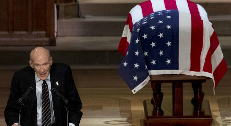 Former Sen. Alan Simpson, R-Wyo, speaks during the State Funeral for former President George H.W. Bush at the National Cathedral, December 5, 2018 in Washington, DC. Former Sen. Alan Simpson, R-Wyo, speaks during the State Funeral for former President George H.W. Bush at the National Cathedral, December 5, 2018 in Washington, DC.