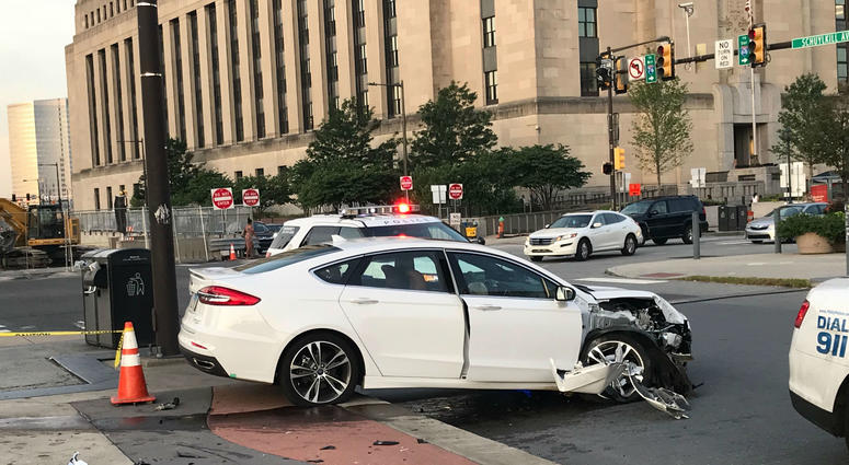 The driver of this car ran off after crashing it near 30th Street Station early Tuesday morning. The driver of this car ran off after crashing it near 30th Street Station early Tuesday morning.