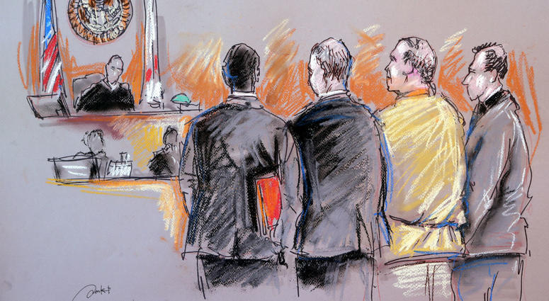In this courtroom sketch, Cesar Sayoc, second from right, appears in federal court, Monday, Oct. 29, 2018, in Miami. In this courtroom sketch, Cesar Sayoc, second from right, appears in federal court, Monday, Oct. 29, 2018, in Miami.