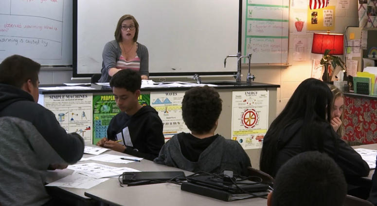 In this April 25, 2019, photo, science teacher Sarah Ott speaks to her class about climate literacy in Dalton, Ga. In this April 25, 2019, photo, science teacher Sarah Ott speaks to her class about climate literacy in Dalton, Ga.