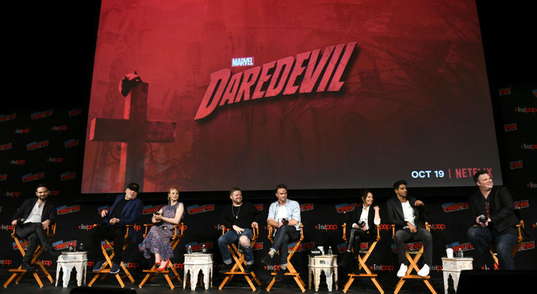 Actors Charlie Cox, Vincent D'Onofrio, Deborah Ann Woll, Elden Henson, Wilson Bethel, Joanne Whalley, Jay Ali and television writer Erik Oleson speak onstage at Marvel's DAREDEVIL panel during New York Comic Con. Actors Charlie Cox, Vincent D'Onofrio, Deborah Ann Woll, Elden Henson, Wilson Bethel, Joanne Whalley, Jay Ali and television writer Erik Oleson speak onstage at Marvel's DAREDEVIL panel during New York Comic Con.