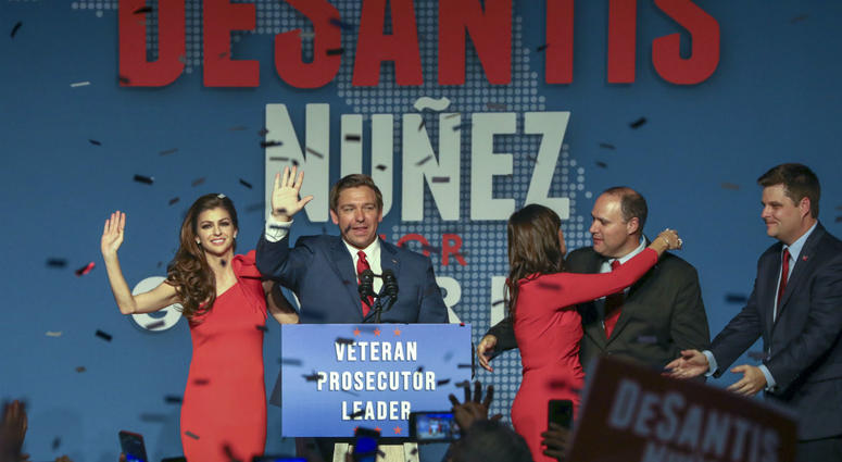 Republican Florida Governor-elect Ron DeSantis, center, waves to the supporters with his wife, Casey, left, and Republican Lt. Governor-elect Jeanette Nunez, third right. Republican Florida Governor-elect Ron DeSantis, center, waves to the supporters with his wife, Casey, left, and Republican Lt. Governor-elect Jeanette Nunez, third right.