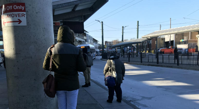 Passengers wait in the cold at the Frankford Transportation Center. Passengers wait in the cold at the Frankford Transportation Center.
