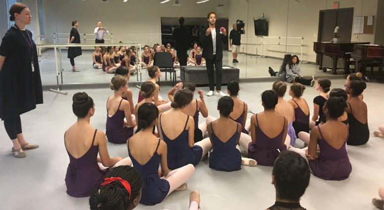 Internationally renowned dancer, 25-year-old Gabe Stone Shayer, visited String Theory Charter School's Vine Street campus to offer advice to young performing arts students. Internationally renowned dancer Gabe Stone Shayer visited String Theory Charter School.