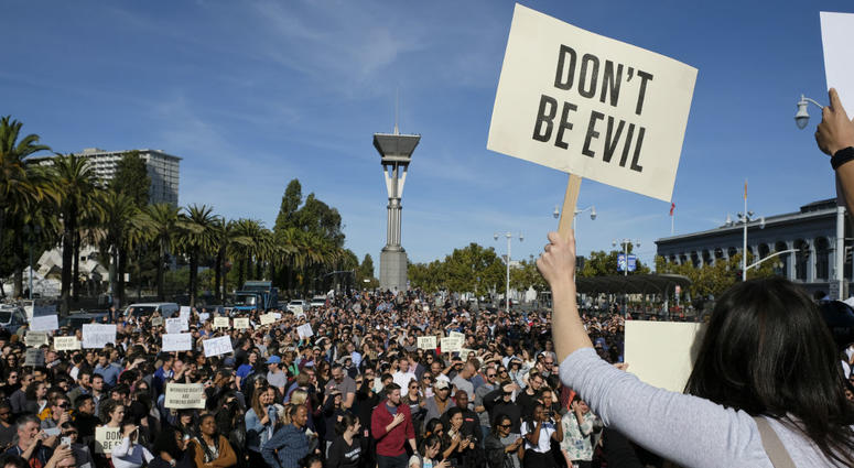In this Nov. 1, 2018, file photo Google employees fill Harry Bridges Plaza in front of the Ferry Building during a walkout in San Francisco. In this Nov. 1, 2018, file photo Google employees fill Harry Bridges Plaza in front of the Ferry Building during a walkout in San Francisco.