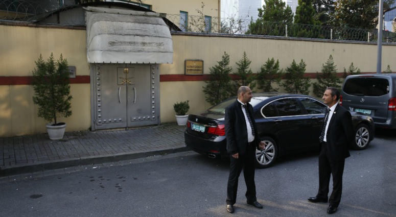 Security personnel guard Saudi Arabia's consulate in Istanbul, Monday, Oct. 22, 2018. Security personnel guard Saudi Arabia's consulate in Istanbul, Monday, Oct. 22, 2018.