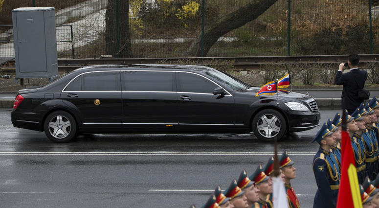 North Korean leader Kim Jong Un's limousine arrives for a wreath-laying ceremony in Vladivostok, Russia, Friday, April 26, 2019. North Korean leader Kim Jong Un's limousine arrives for a wreath-laying ceremony in Vladivostok, Russia, Friday, April 26, 2019.