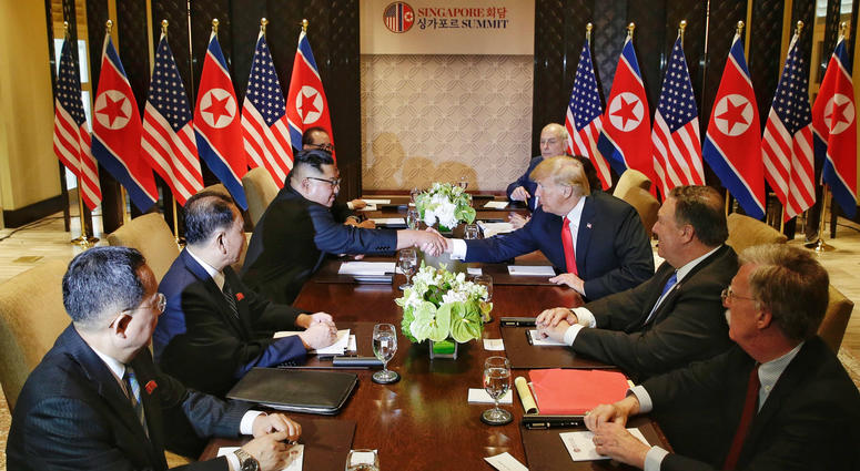 Top leader of the Democratic People's Republic of Korea Kim Jong Un (3rd L) holds talks with U.S. President Donald Trump in Singapore, on June 12, 2018. Top leader of the Democratic People's Republic of Korea Kim Jong Un (3rd L) holds talks with U.S. President Donald Trump in Singapore, on June 12, 2018.