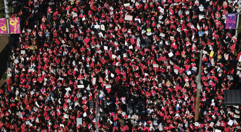 Thousands of striking Los Angeles Unified teachers gather in front of Los Angeles City Hall on Tuesday, Jan. 22, 2019. Thousands of striking Los Angeles Unified teachers gather in front of Los Angeles City Hall on Tuesday, Jan. 22, 2019.
