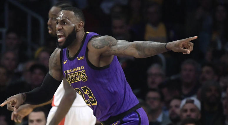 Los Angeles Lakers forward LeBron James, left, reacts to an inadvertent whistle by a referee as Portland Trail Blazers center Jusuf Nurkic watches during the first half of an NBA basketball game Wednesday, Nov. 14, 2018, in Los Angeles. Los Angeles Lakers forward LeBron James, left, reacts to an inadvertent whistle by a referee as Portland Trail Blazers center Jusuf Nurkic watches during the first half of an NBA basketball game Wednesday, Nov. 14, 2018, in Los Angeles.