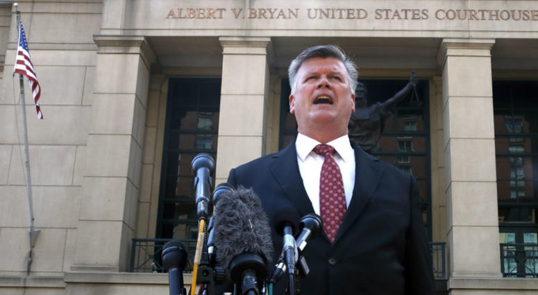 Defense attorney Kevin Downing makes a statement to the media after leaving federal court in the trial of former Donald Trump campaign chairman Paul Manafort, in Alexandria, Va., Tuesday, Aug. 14, 2018. Defense attorney Kevin Downing makes a statement to the media after leaving federal court in the trial of former Donald Trump campaign chairman Paul Manafort, in Alexandria, Va., Tuesday, Aug. 14, 2018.