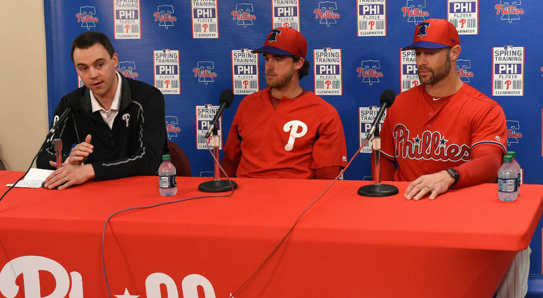 Philadelphia Phillies Vice President and General Manager Matt Klentak , pitcher Aaron Nola, and manager Gabe Kapler talks to the media during spring training at Spectrum Field. Philadelphia Phillies Vice President and General Manager Matt Klentak , pitcher Aaron Nola, and manager Gabe Kapler talks to the media during spring training at Spectrum Field.