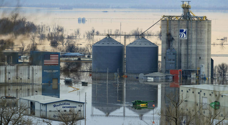 Floodwaters surround buildings on the southwest side of Hamburg, Iowa, Sunday, March 17, 2019. Floodwaters surround buildings on the southwest side of Hamburg, Iowa, Sunday, March 17, 2019.