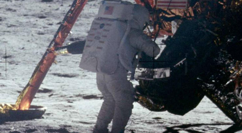 A photograph of Neil Armstrong taken by Buzz Aldrin. This is one of the few photographs of Armstrong on the lunar surface; most of the time he had the camera. A photograph of Neil Armstrong taken by Buzz Aldrin. This is one of the few photographs of Armstrong on the lunar surface; most of the time he had the camera.