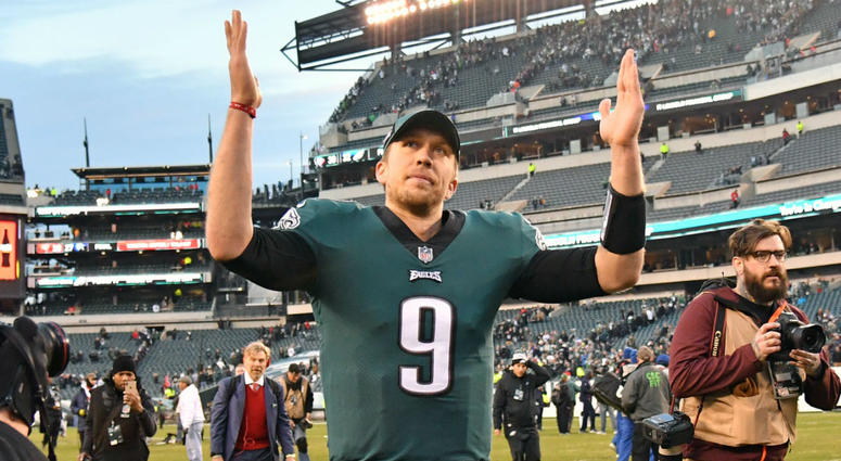 Philadelphia Eagles quarterback Nick Foles (9) runs off the field after win against the Houston Texans at Lincoln Financial Field. Philadelphia Eagles quarterback Nick Foles (9) runs off the field after win against the Houston Texans at Lincoln Financial Field.