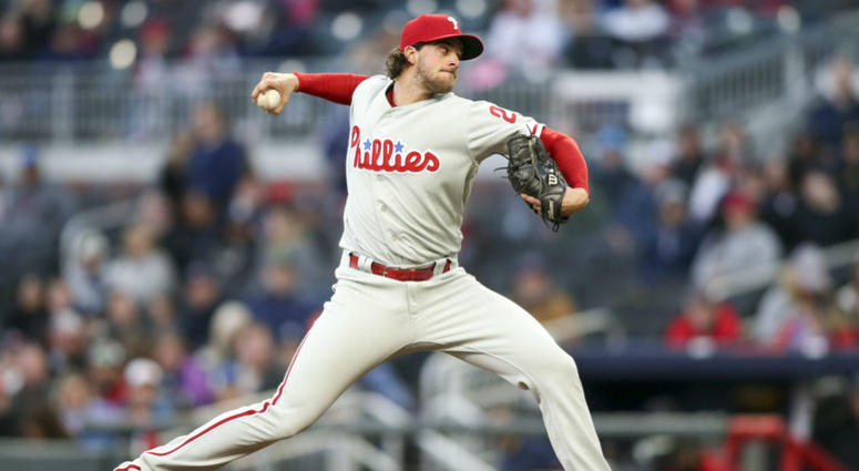 Apr 16, 2018; Atlanta, GA, USA; Philadelphia Phillies starting pitcher Aaron Nola (27) throws a pitch against the Atlanta Braves. Apr 16, 2018; Atlanta, GA, USA; Philadelphia Phillies starting pitcher Aaron Nola (27) throws a pitch against the Atlanta Braves.