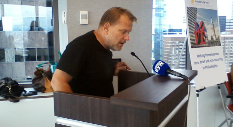 Norman Boch, who has been hired for the Mural Arts same-day work program, is shown reciting a poem he wrote about the experience. Norman Boch