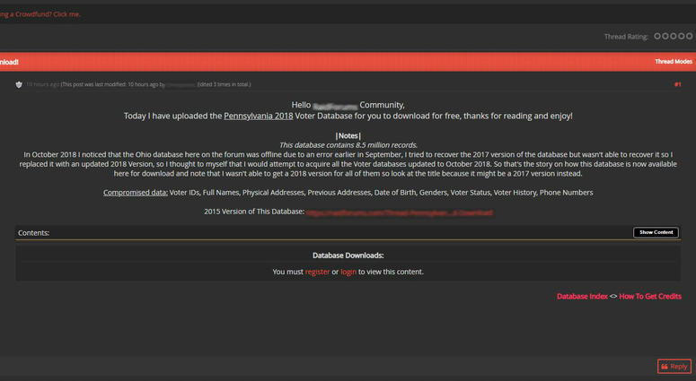 Pennsylvania's voter database is posted to a website that's a favorite of hackers. pa voter database