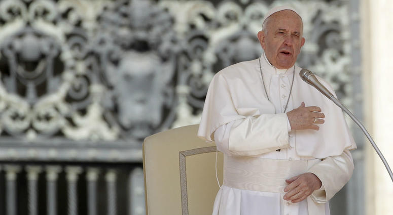 Pope Francis does the sign of the cross during his weekly general audience, in St. Peter's Square, at the Vatican, Wednesday, May 8, 2019. Pope Francis does the sign of the cross during his weekly general audience, in St. Peter's Square, at the Vatican, Wednesday, May 8, 2019.