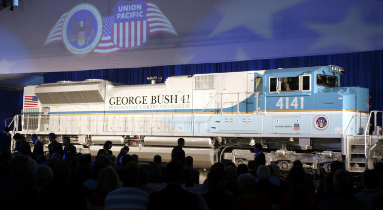 In this Oct. 18, 2005, file photo, a new locomotive numbered 4141 in honor of the 41st president, George H.W. Bush, is unveiled at Texas A&M University in College Station, Texas. In this Oct. 18, 2005, file photo, a new locomotive numbered 4141 in honor of the 41st president, George H.W. Bush, is unveiled at Texas A&M University in College Station, Texas.