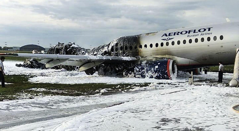 The Sukhoi SSJ100 aircraft of Aeroflot airlines is covered in fire retardant foam after an emergency landing in Sheremetyevo airport in Moscow, Russia, Sunday, May 5, 2019. The Sukhoi SSJ100 aircraft of Aeroflot airlines is covered in fire retardant foam after an emergency landing in Sheremetyevo airport in Moscow, Russia, Sunday, May 5, 2019.