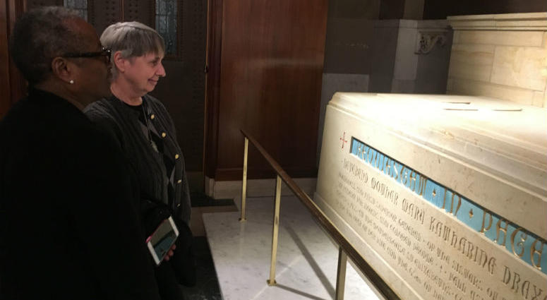 Sister Donna Breslin (front) president of the Sisters of the Blessed Sacrament, examines the newly installed tomb of St. Katharine Drexel in the Cathedral Basilica of Saints Peter and Paul, next to Sister Jane Nesmith, the order's vice president. Sister Donna Breslin (front) president of the Sisters of the Blessed Sacrament, examines the newly installed tomb of St. Katharine Drexel in the Cathedral Basilica of Saints Peter and Paul, next to Sister Jane Nesmith, the order's vice president.