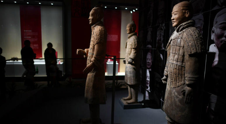 HAIKOU, Feb. 15, 2018 (Xinhua) -- Photo taken on Feb. 15, 2018 shows Terra-Cotta Warriors during an exhibition of "Civilization of Qin (221-207 B.C.) and Han Dynasties (206 B.C.- 220 A.D.)" in Hainan Museum in Haikou, south China's Hainan Province. HAIKOU, Feb. 15, 2018 (Xinhua) -- Photo taken on Feb. 15, 2018 shows Terra-Cotta Warriors during an exhibition of "Civilization of Qin (221-207 B.C.) and Han Dynasties (206 B.C.- 220 A.D.)" in Hainan Museum in Haikou, south China's Hainan Province.