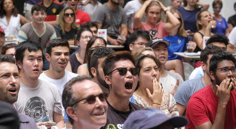 Soccer fans react while they watch the match between Belgium and France during a 2018 FIFA World Cup semifinal viewing party at the Hammer Museum in Los Angeles. Soccer fans react while they watch the match between Belgium and France during a 2018 FIFA World Cup semifinal viewing party at the Hammer Museum in Los Angeles.