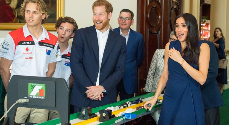 0/18/2018 - The Duke and Duchess of Sussex react after starting model Formula 1 cars at a demonstration by Formula 1 in Schools, at a reception given by the Governor of Victoria, at Government House. 0/18/2018 - The Duke and Duchess of Sussex react after starting model Formula 1 cars at a demonstration by Formula 1 in Schools, at a reception given by the Governor of Victoria, at Government House.