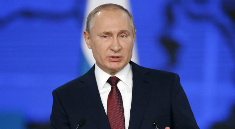 Russian President Vladimir Putin delivers a state-of-the-nation address in Moscow, Russia, Wednesday, Feb. 20, 2019. Russian President Vladimir Putin delivers a state-of-the-nation address in Moscow, Russia, Wednesday, Feb. 20, 2019.
