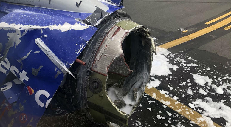 Apr 17, 2018; Philadelphia, PA, USA; Photo from a Twitter post by Joe Marcus (@joeasaprap) on April 17, 2018 showing what appears to be the damaged engine on a Southwest Airlines airplane damaged engine on Southwest Airlines flight 1380