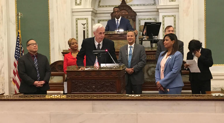 Retiring Pa. Sen. Stewart Greenleaf pushes criminal justice reform, speaking to Philadelphia City Council. Retiring Pa. Sen. Stewart Greenleaf pushes criminal justice reform, speaking to Philadelphia City Council.