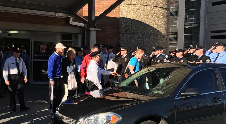 Paul Sulock, in a light-blue T-shirt, leaves Temple University Hospital. Paul Sulock, in a light-blue T-shirt, leaves Temple University Hospital.
