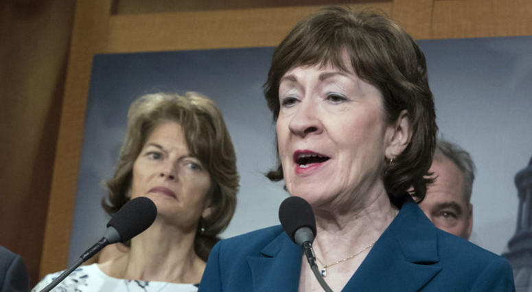 In this Feb. 15, 2018 file photo, Sen. Susan Collins, R-Maine and Sen. Lisa Murkowski, R-Alaska, left, are shown during a news conference at the Capitol in Washington. In this Feb. 15, 2018 file photo, Sen. Susan Collins, R-Maine and Sen. Lisa Murkowski, R-Alaska, left, are shown during a news conference at the Capitol in Washington.
