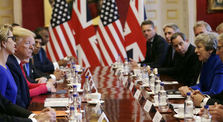 U.S President Donald Trump, center left, and British Prime Minister Theresa May, center right, attend a business roundtable event at St. James's Palace, London, Tuesday June 4, 2019. U.S President Donald Trump, center left, and British Prime Minister Theresa May, center right, attend a business roundtable event at St. James's Palace, London, Tuesday June 4, 2019.