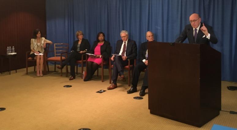 Former U.S. Sen. George Mitchell (right) discusses parameters of the Independent Reconciliation and Reparations Program (IRRP). Former U.S. Sen. George Mitchell (right) discusses parameters of the Independent Reconciliation and Reparations Program (IRRP).