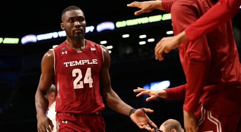 Nov 20, 2018; Brooklyn, NY, USA; Temple Owls center Ernest Aflakpu (24) reacts with teammates in the first half of the Legends Classic against the California Golden Bears at Barclays Center. Nov 20, 2018; Brooklyn, NY, USA; Temple Owls center Ernest Aflakpu (24) reacts with teammates in the first half of the Legends Classic against the California Golden Bears at Barclays Center.