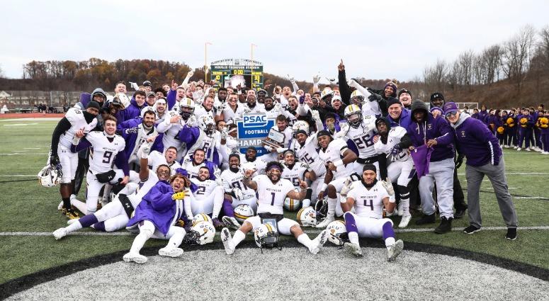 The West Chester University football team celebrates its PSAC title. The West Chester University football team celebrates its PSAC title.