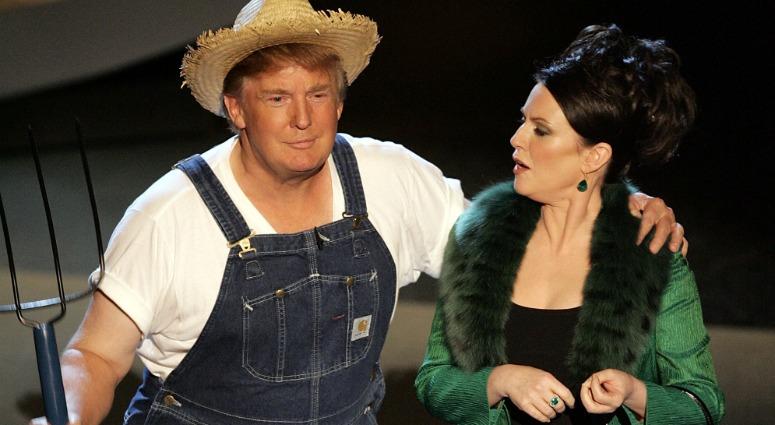 Donald Trump and actress Megan Mullally perform the "Green Acres" theme onstage at the 57th Annual Emmy Awards, Sept. 18, 2005 in Los Angeles, California. Donald Trump and actress Megan Mullally perform the "Green Acres" theme onstage at the 57th Annual Emmy Awards, Sept. 18, 2005 in Los Angeles, California.