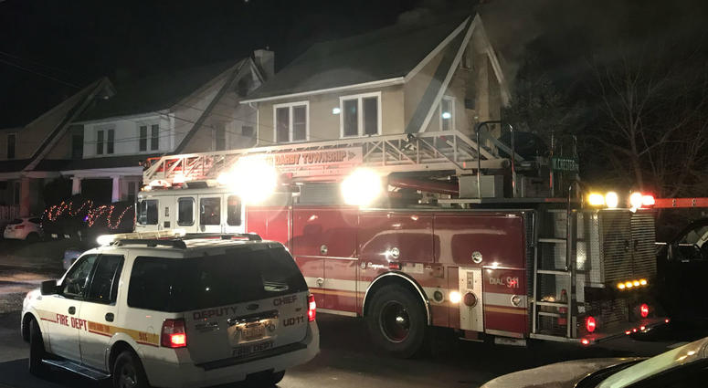 Five people were sent to the hospital after fire tore through a home in Upper Darby, Delaware County. Five people were sent to the hospital after fire tore through a home in Upper Darby, Delaware County.