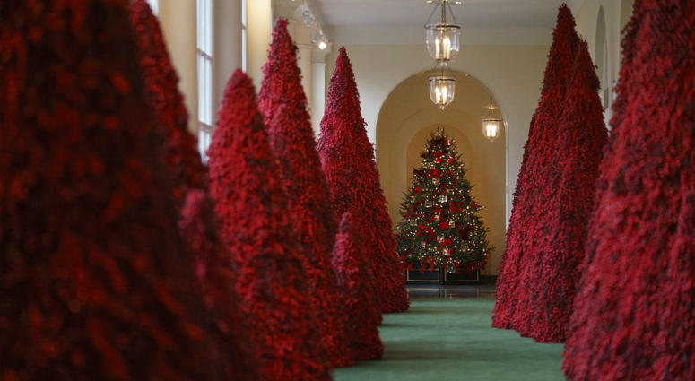 Topiary trees line the East colonnade during the 2018 Christmas Press Preview at the White House in Washington, Monday, Nov. 26, 2018. Topiary trees line the East colonnade during the 2018 Christmas Press Preview at the White House in Washington, Monday, Nov. 26, 2018.
