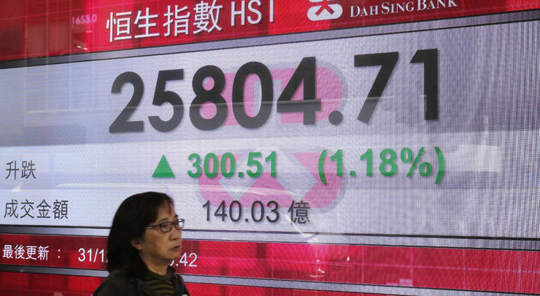 A woman passes an electronic board showing the Hong Kong share index outside a bank in Hong Kong, Monday, Dec. 31, 2018. A woman passes an electronic board showing the Hong Kong share index outside a bank in Hong Kong, Monday, Dec. 31, 2018.