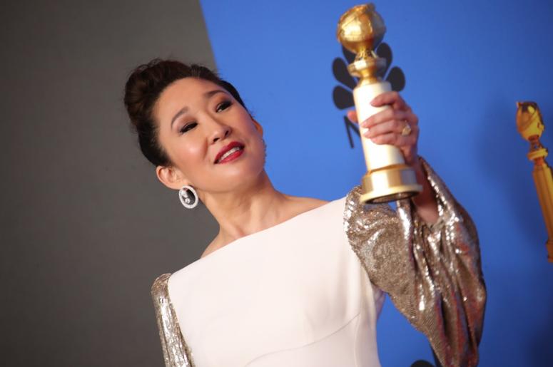 Jan 6, 2019; Beverly Hills, CA, USA; Sandra Oh poses in the press room with the award for best performance by an actress in a television series, drama for \"Killing Eve\" at the 76th Golden Globe Awards at the Beverly Hilton. Mandatory Credit: Dan MacMeda