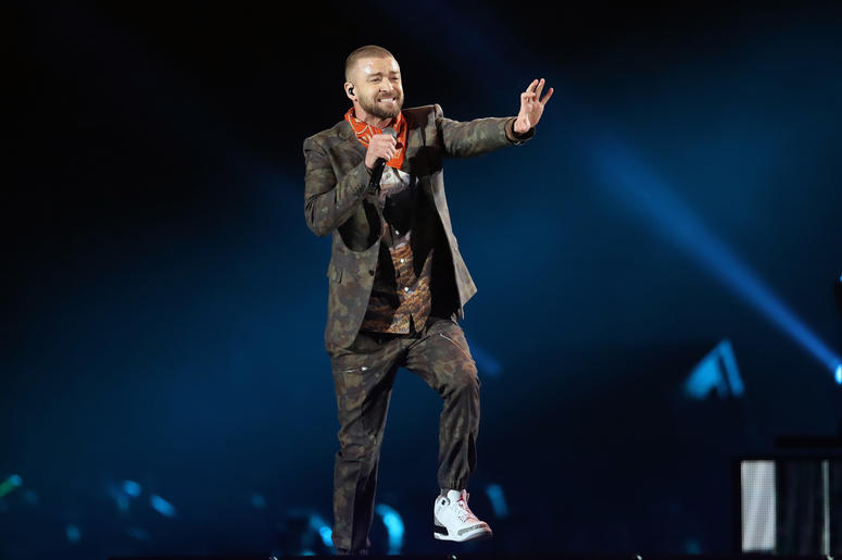 Feb 4, 2018; Minneapolis, MN, USA; Recording artist Justin Timberlake performs during the halftime show in Super Bowl LII between the Philadelphia Eagles and the New England Patriots at U.S. Bank Stadium.