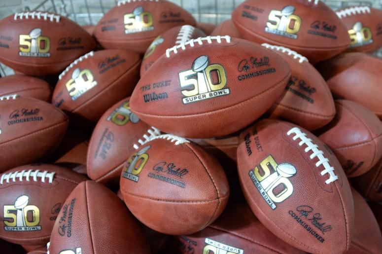 Feb 3, 2016; San Francisco, CA, USA; General view of Super Bowl 50 footballs at the NFL Experience at the Moscone Center. Mandatory Credit: Kirby Lee-USA TODAY Sports