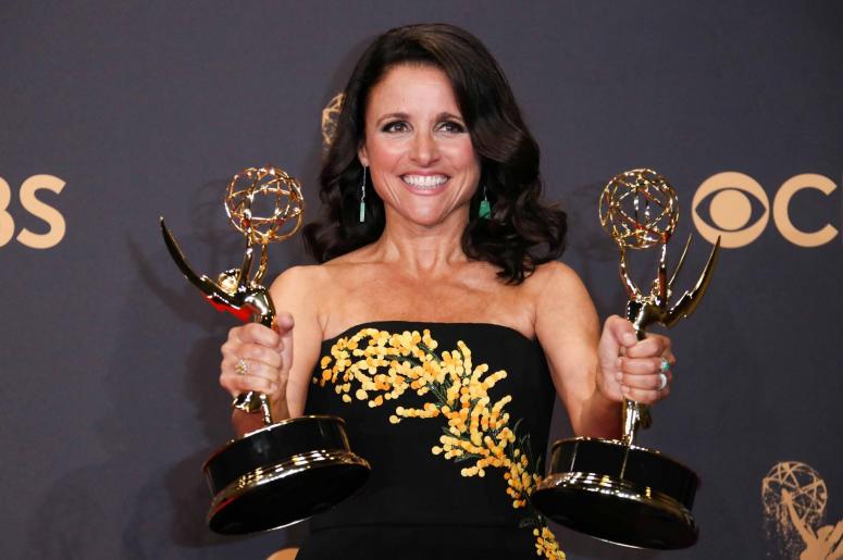Los Angeles, CA, USA; Julia Louis-Dreyfus poses with her Emmy awards for Outstanding Actress in a Comedy Series and Outstanding Comedy Series for 'Veep,' in the trophy room during the 69th Emmy Awards at the Microsoft Theater