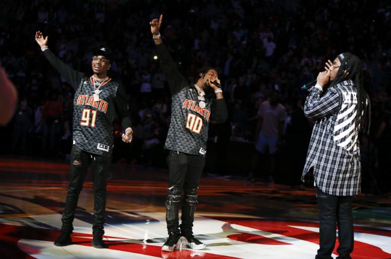 Quavo and Offset and Takeoff from the hip-hop group Migos performs during halftime of a game between the Memphis Grizzlies and Atlanta Hawks. Quavo and Offset and Takeoff from the hip-hop group Migos performs during halftime of a game between the Memphis Grizzlies and Atlanta Hawks.