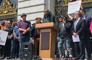 Comedians Dave Chappelle and others rally to save Punch Line Comedy Club in front of San Francisco's City Hall. Comedians Dave Chappelle and others rally to save Punch Line Comedy Club in front of San Francisco's City Hall. (Photo credit: Carrie Hodousek/KCBS Radio)